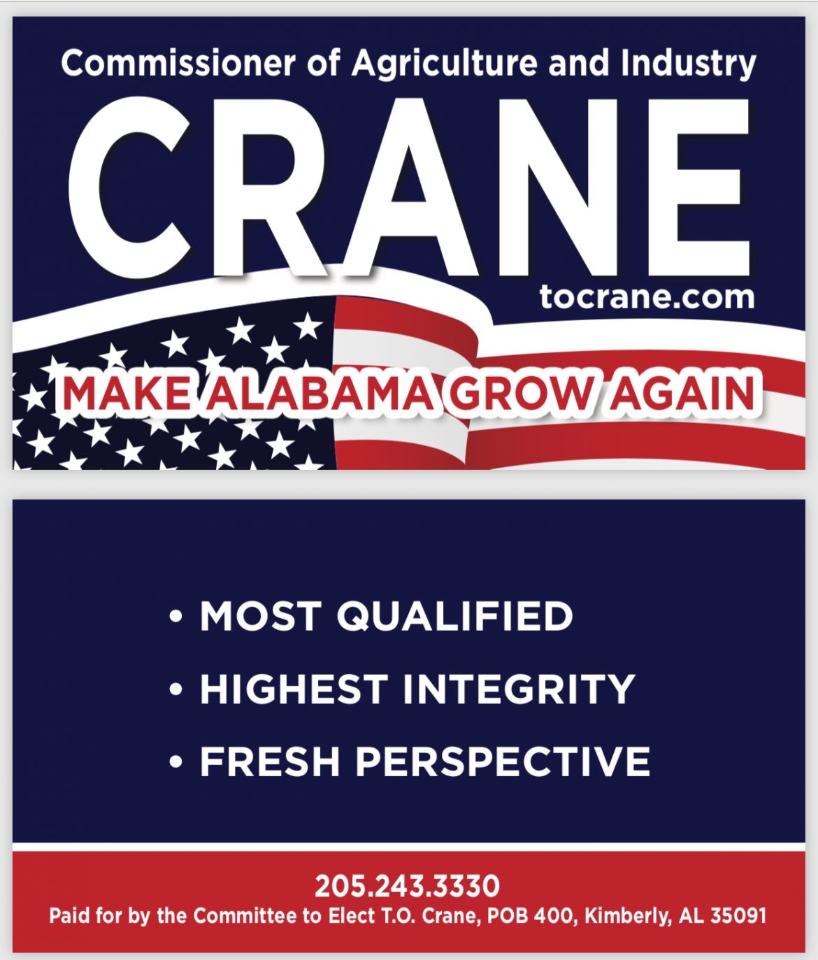 T.O. Crane for Commissioner of Agriculture and Business