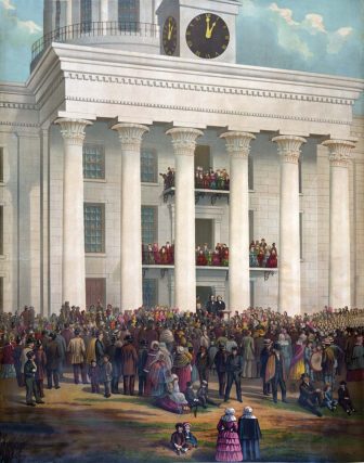 “The Starting Point of the Great War Between the States.” James Massalon based this 1878 painting of the inauguration of Jefferson Davis on a photograph taken that day and owned by William C. Howell of Prattville. The photo is now held by the Alabama Department of Archives and History. (Library of Congress)