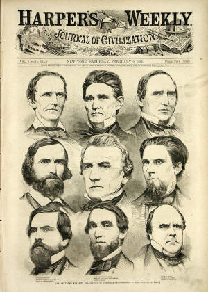 Alabama passed its Ordinance of Secession on January 11, 1861, joining South Carolina and Mississippi who had seceded days earlier. Harper's Weekly carried the story inn its February 9, 1861 edition which featured a front page sketch of "The Seceding Alabama Delegation in Congress" which was make from a photograph by Mathew Brady.