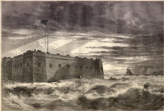 Fort Pickens, Pensacola Harbor, Florida, looking seaward. Fort McRae in the distance. Fom a sketch by mrs. lieutenant Gilman, just arrived from Pensacola.