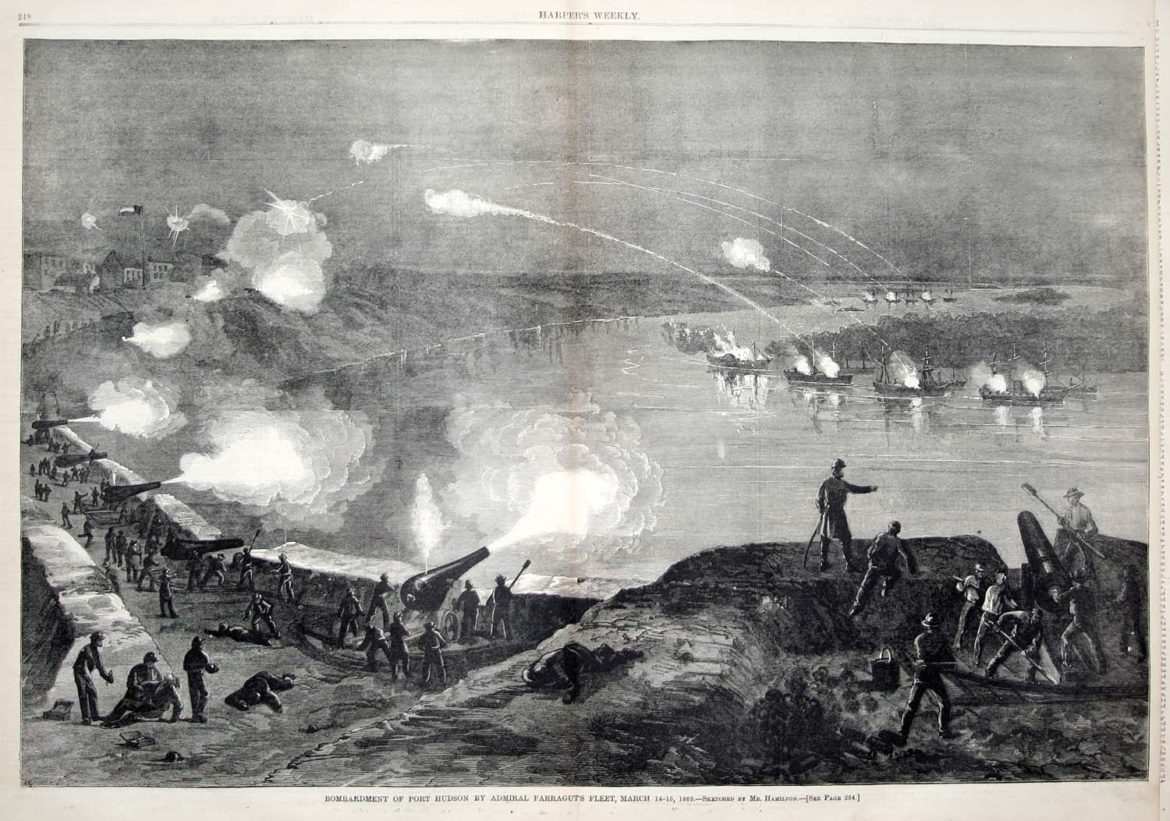 Contemporary Newspaper view of the Union fleet passing Port Hudson published by Harper's Weekly Newspaper April 18, 1863.