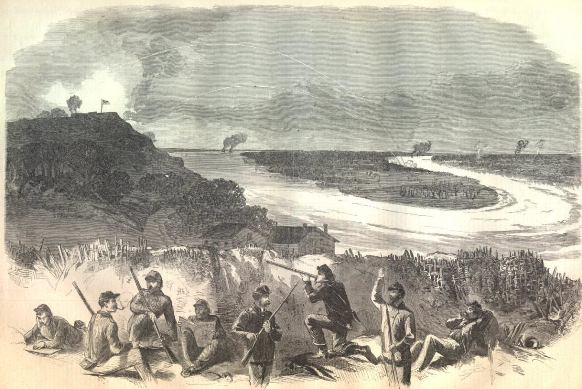THE SIEGE OF VICKSBURG—VIEW UPON THE EXTREME RIGHT, SHOWING THE MISSISSIPPI RIVER ABOVE AND BELOW VICKSBURG.—SKETCHED BY MR. THEODORE R. DAVIS.